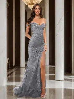 Trumpet/Mermaid Off-the-Shoulder Slit Long Prom Dresses with Sequin Appliques — view 60