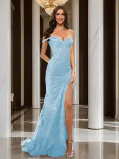 Trumpet/Mermaid Off-the-Shoulder Slit Long Prom Dresses with Sequin Appliques — view 61