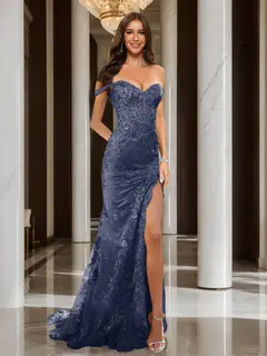 Trumpet/Mermaid Off-the-Shoulder Slit Long Prom Dresses with Sequin Appliques — view 64