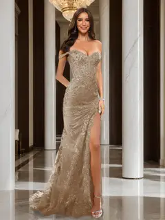 Trumpet/Mermaid Off-the-Shoulder Slit Long Prom Dresses with Sequin Appliques — view 65