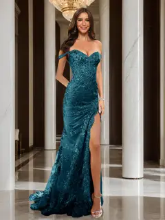 Trumpet/Mermaid Off-the-Shoulder Slit Long Prom Dresses with Sequin Appliques — view 66