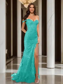 Trumpet/Mermaid Off-the-Shoulder Slit Long Prom Dresses with Sequin Appliques — view 67