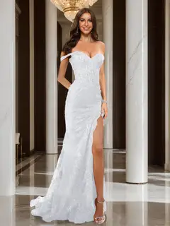 Trumpet/Mermaid Off-the-Shoulder Slit Long Prom Dresses with Sequin Appliques — view 68