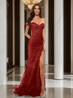 Trumpet/Mermaid Off-the-Shoulder Slit Long Prom Dresses with Sequin Appliques — view 69