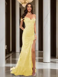 Trumpet/Mermaid Off-the-Shoulder Slit Long Prom Dresses with Sequin Appliques — view 71