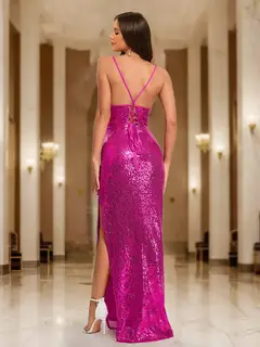 Sheath/Column Spaghetti Straps Sleeveless Prom Dresses with Split Side — view 2