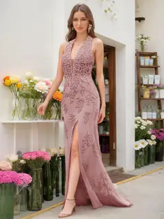 Trumpet/Mermaid Halter Sleeveless Beading Prom Dresses — view 8