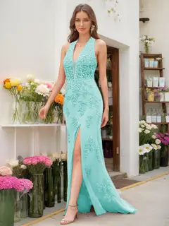 Trumpet/Mermaid Halter Sleeveless Beading Prom Dresses — view 10
