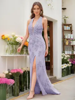 Trumpet/Mermaid Halter Sleeveless Beading Prom Dresses — view 11