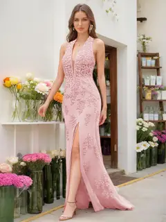 Trumpet/Mermaid Halter Sleeveless Beading Prom Dresses — view 14