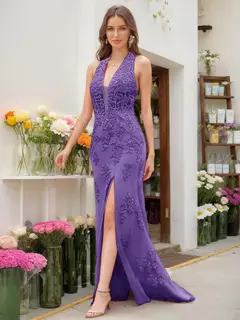 Trumpet/Mermaid Halter Sleeveless Beading Prom Dresses — view 15