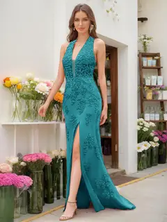 Trumpet/Mermaid Halter Sleeveless Beading Prom Dresses — view 17