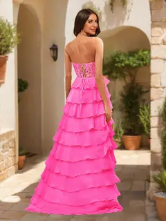 A-Line/Princess Sweetheart Sheer Corset Appliques Ruffle Prom Dresses — view 2