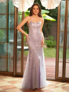 Trumpet/Mermaid Spaghetti Straps Applique Tulle Long Prom Dresses — view 1