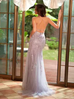Trumpet/Mermaid Spaghetti Straps Applique Tulle Long Prom Dresses — view 2