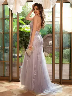 Trumpet/Mermaid Spaghetti Straps Applique Tulle Long Prom Dresses — view 6