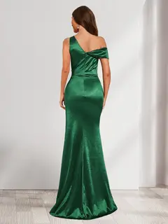 Sheath/Column V-Neck Sleeveless Floor-Length Ruched Satin Bridesmaid Dresses with Split Side — view 2