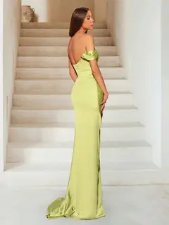 Sheath/Column One-Shoulder Ruched Sweep Train Satin Evening Dresses with Split Side — view 2