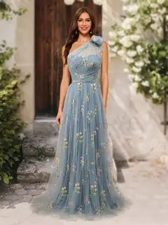 A-Line/Princess One-Shoulder Sleeveless Watteau Train Prom Dresses — view 1