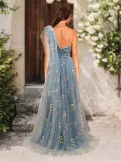 A-Line/Princess One-Shoulder Sleeveless Watteau Train Prom Dresses — view 2