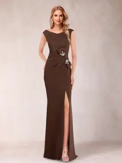 Sheath/Column V-Neck Sleeveless Ruched Mother of the Bride Dresses with Split Side & Bow(s) — view 7