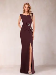 Sheath/Column V-Neck Sleeveless Ruched Mother of the Bride Dresses with Split Side & Bow(s) — view 8