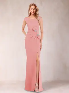Sheath/Column V-Neck Sleeveless Ruched Mother of the Bride Dresses with Split Side & Bow(s) — view 12