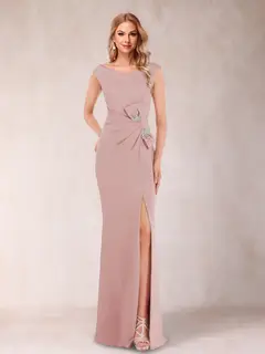 Sheath/Column V-Neck Sleeveless Ruched Mother of the Bride Dresses with Split Side & Bow(s) — view 16