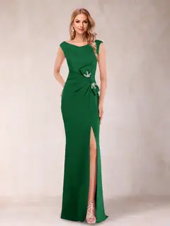 Sheath/Column V-Neck Sleeveless Ruched Mother of the Bride Dresses with Split Side & Bow(s) — view 18