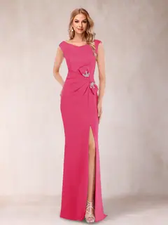 Sheath/Column V-Neck Sleeveless Ruched Mother of the Bride Dresses with Split Side & Bow(s) — view 21