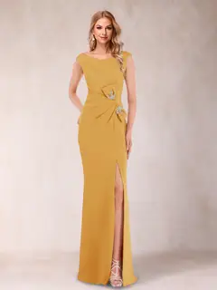 Sheath/Column V-Neck Sleeveless Ruched Mother of the Bride Dresses with Split Side & Bow(s) — view 22