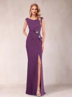 Sheath/Column V-Neck Sleeveless Ruched Mother of the Bride Dresses with Split Side & Bow(s) — view 23