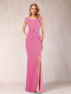Sheath/Column V-Neck Sleeveless Ruched Mother of the Bride Dresses with Split Side & Bow(s) — view 26