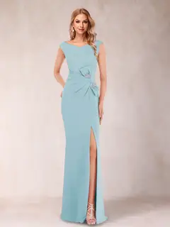 Sheath/Column V-Neck Sleeveless Ruched Mother of the Bride Dresses with Split Side & Bow(s) — view 29