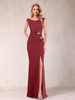 Sheath/Column V-Neck Sleeveless Ruched Mother of the Bride Dresses with Split Side & Bow(s) — view 30