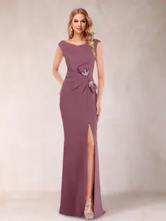 Sheath/Column V-Neck Sleeveless Ruched Mother of the Bride Dresses with Split Side & Bow(s) — view 37