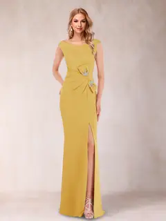 Sheath/Column V-Neck Sleeveless Ruched Mother of the Bride Dresses with Split Side & Bow(s) — view 38