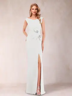 Sheath/Column V-Neck Sleeveless Ruched Mother of the Bride Dresses with Split Side & Bow(s) — view 41