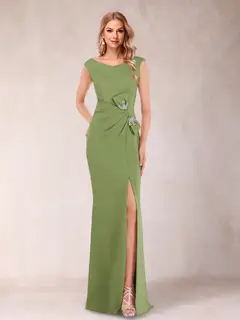 Sheath/Column V-Neck Sleeveless Ruched Mother of the Bride Dresses with Split Side & Bow(s) — view 42