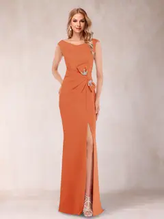 Sheath/Column V-Neck Sleeveless Ruched Mother of the Bride Dresses with Split Side & Bow(s) — view 43