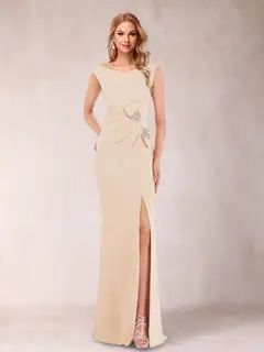 Sheath/Column V-Neck Sleeveless Ruched Mother of the Bride Dresses with Split Side & Bow(s) — view 45