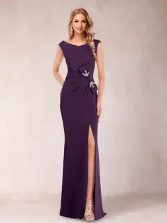 Sheath/Column V-Neck Sleeveless Ruched Mother of the Bride Dresses with Split Side & Bow(s) — view 49
