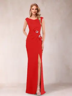 Sheath/Column V-Neck Sleeveless Ruched Mother of the Bride Dresses with Split Side & Bow(s) — view 51