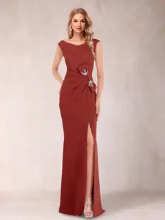 Sheath/Column V-Neck Sleeveless Ruched Mother of the Bride Dresses with Split Side & Bow(s) — view 53