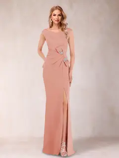 Sheath/Column V-Neck Sleeveless Ruched Mother of the Bride Dresses with Split Side & Bow(s) — view 55