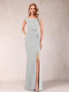 Sheath/Column V-Neck Sleeveless Ruched Mother of the Bride Dresses with Split Side & Bow(s) — view 56
