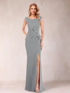 Sheath/Column V-Neck Sleeveless Ruched Mother of the Bride Dresses with Split Side & Bow(s) — view 57