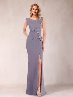 Sheath/Column V-Neck Sleeveless Ruched Mother of the Bride Dresses with Split Side & Bow(s) — view 64