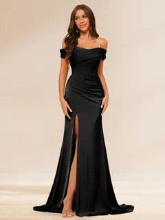 Sheath/Column Off-the-Shoulder Long Evening Dresses with Split Side & Ruched — LV37327362 — view 1