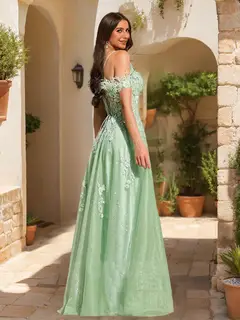 A-Line/Princess Cold-Shoulder Appliques Tulle Prom Dresses with Feathers — view 2